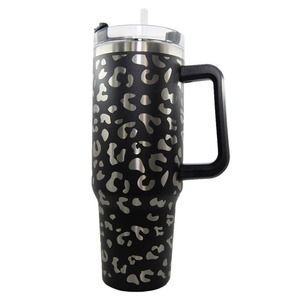 Black Silver Metallic Leopard 40 oz Stainless Steel Tumbler Cup with Handle